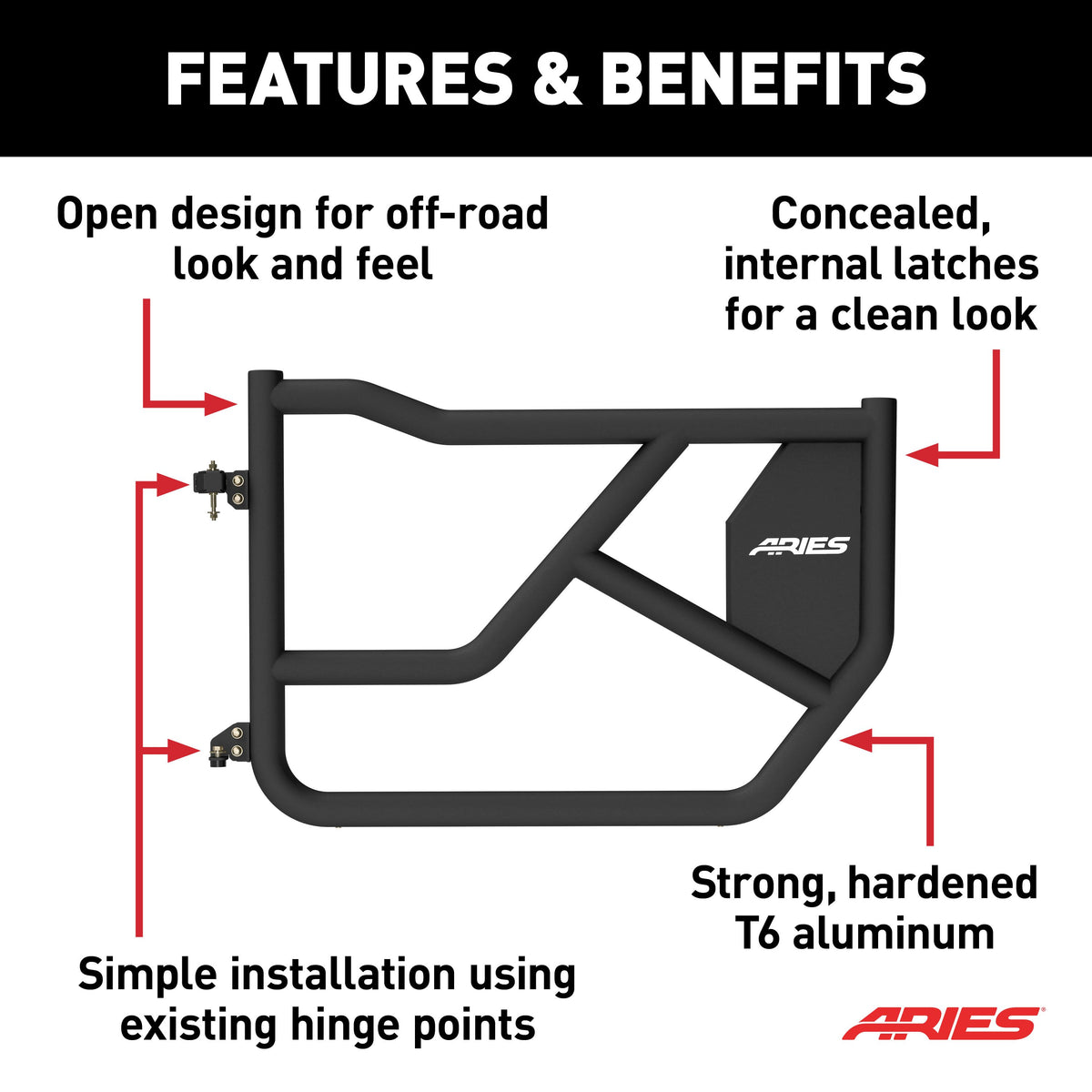 ARIES 1500250 Front Black Aluminum Tube Doors for Ford Bronco 4-Door