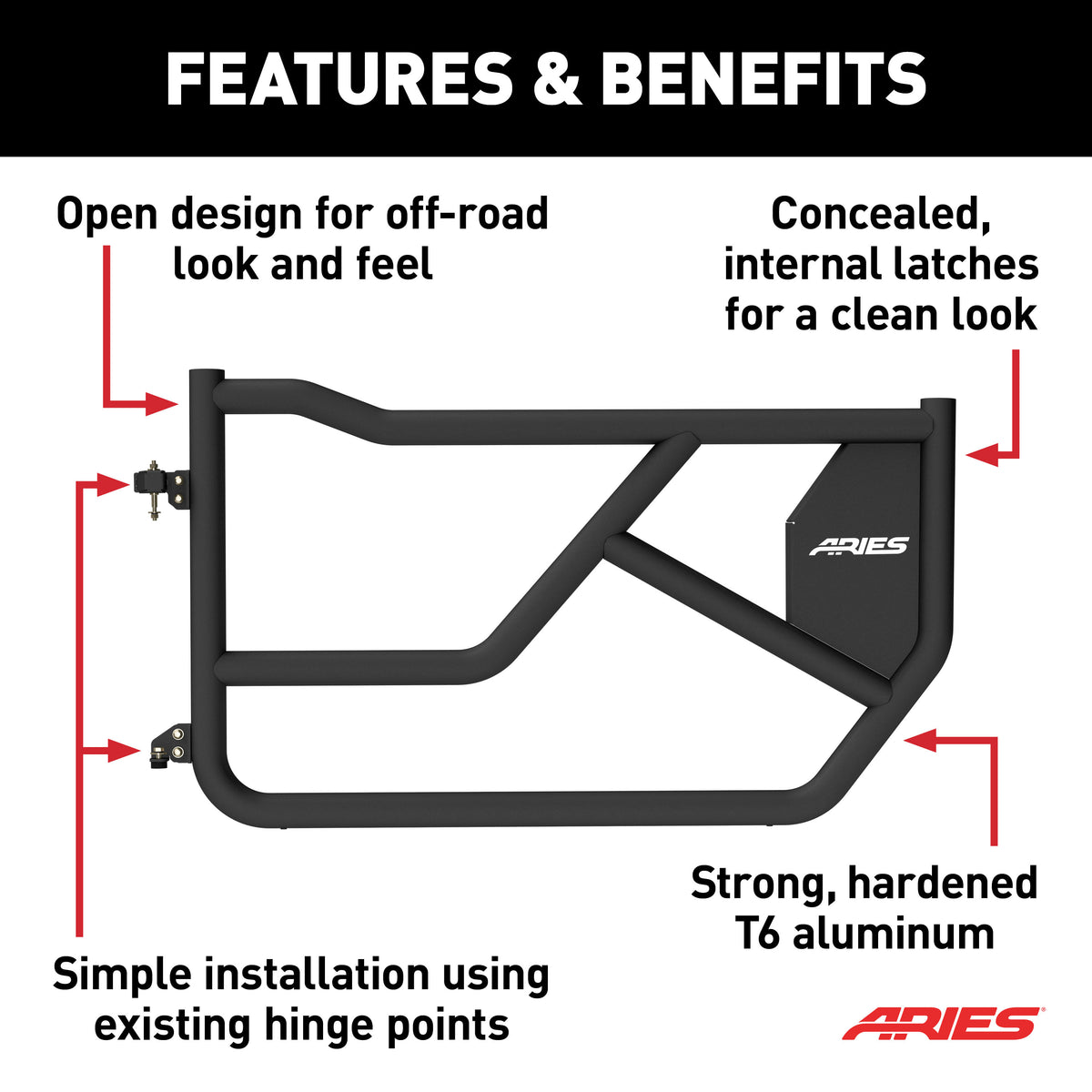 ARIES 1500255 Front Black Aluminum Tube Doors for Ford Bronco 2-Door