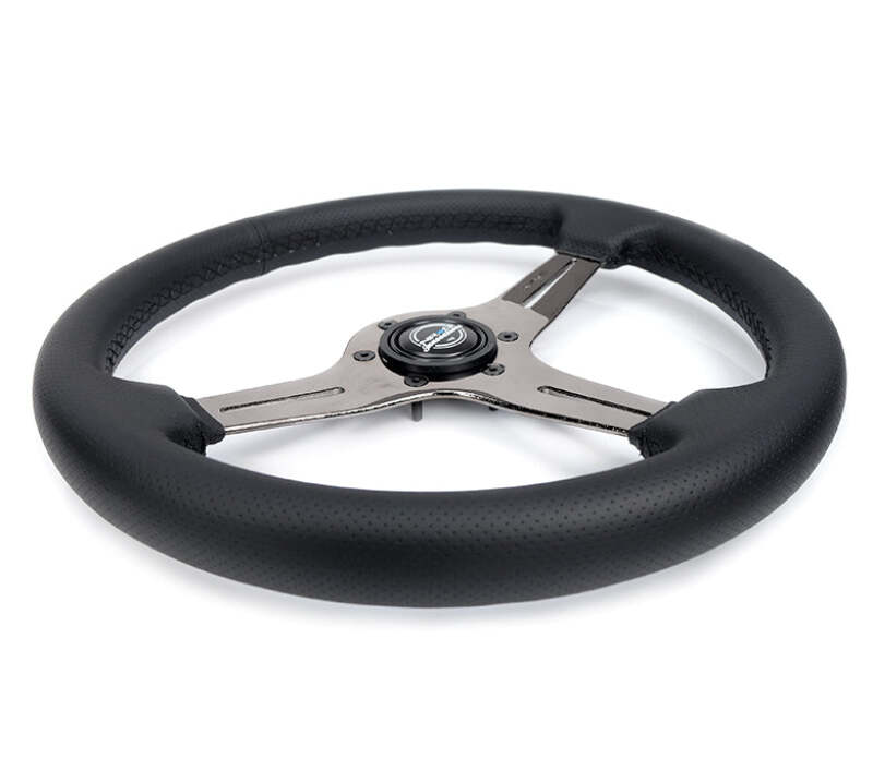 NRG Light Weight Gaming Steering Wheel - 350mm 3 Black Chrome Silver Spokes Perforated Leather - ST-018BC-PR - close-up view