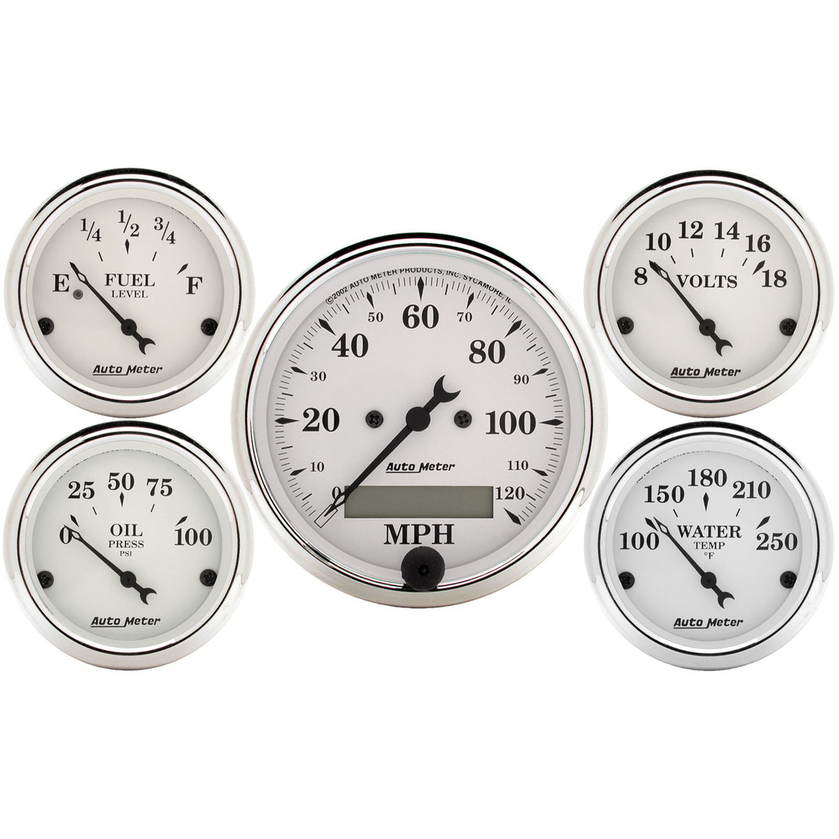 Autometer Old Tyme White 5 Piece Kit (Elec Speed/Elec Oil Press/Water Temp/Volt/Fuel Level) In-Dash - 1602
