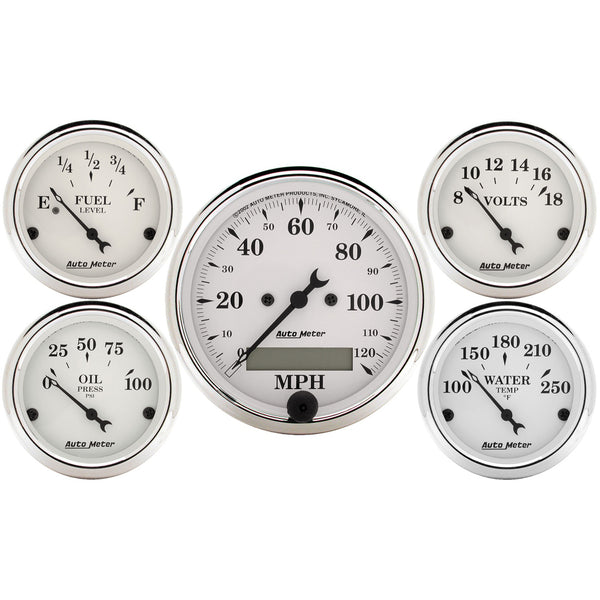 Autometer Old Tyme White 5 Piece Kit (Elec Speed/Elec Oil Press/Water Temp/Volt/Fuel Level) In-Dash - 1602