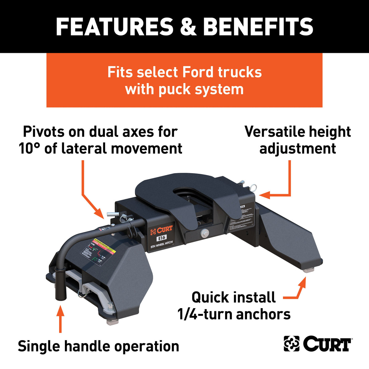 CURT 16031 E16 5th Wheel Hitch, 16,000 lbs, Select Ford F-250, F-350, F-450, 8-Foot Bed Puck System
