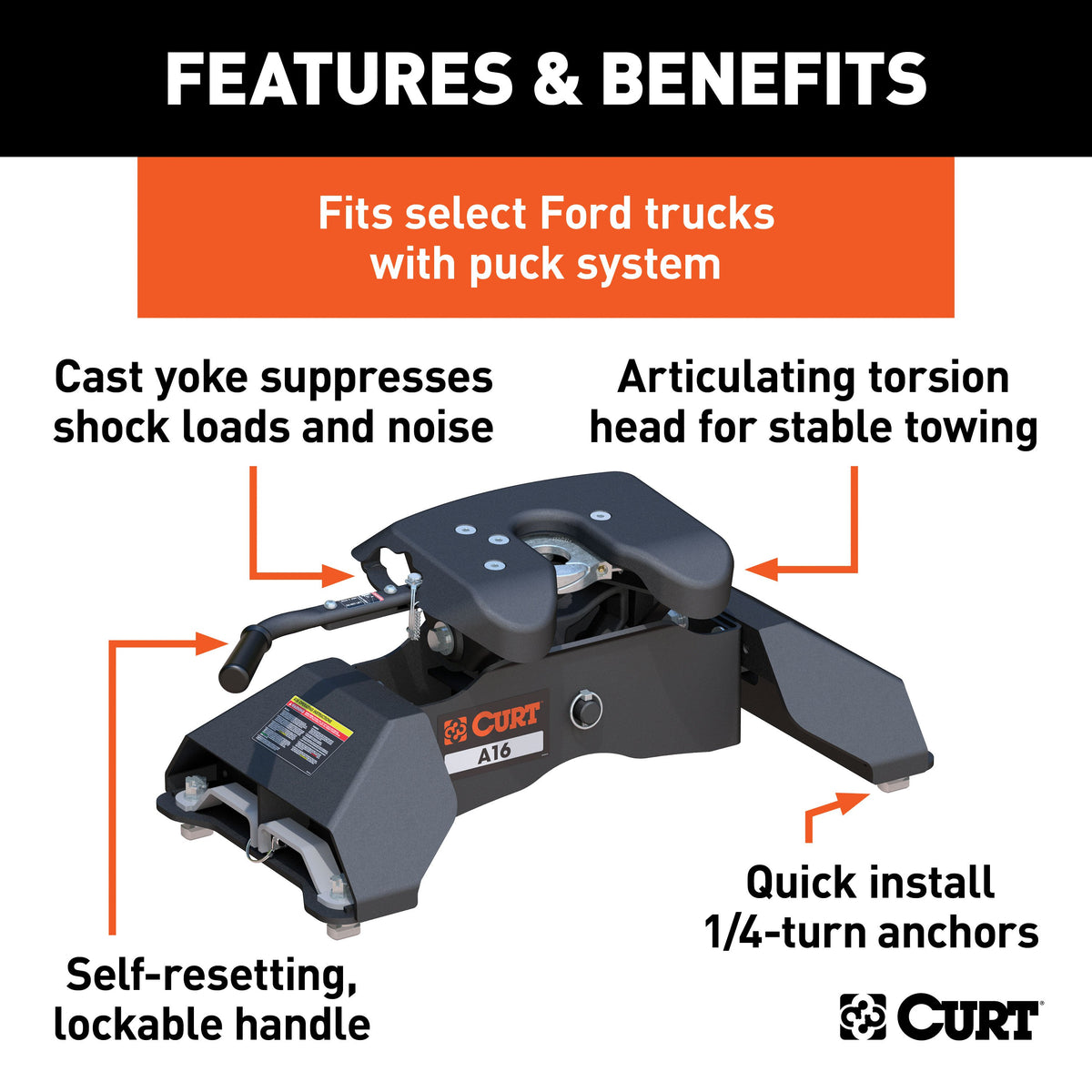 CURT 16033 A16 5th Wheel Hitch, 16,000 lbs, Fits Select Ford F-250, F-350, F-450, 8-Foot Bed Puck System