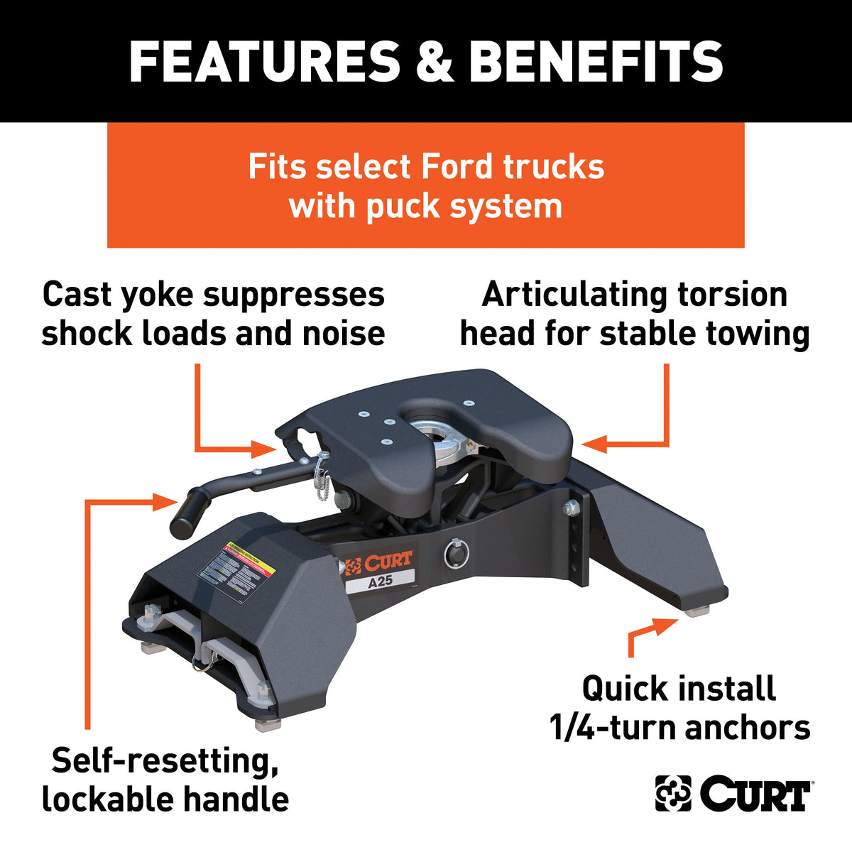 CURT 16036 A25 5th Wheel Hitch, 24,000 lbs, Select Ford F-250, F-350, F-450, 8-Foot Bed Puck System