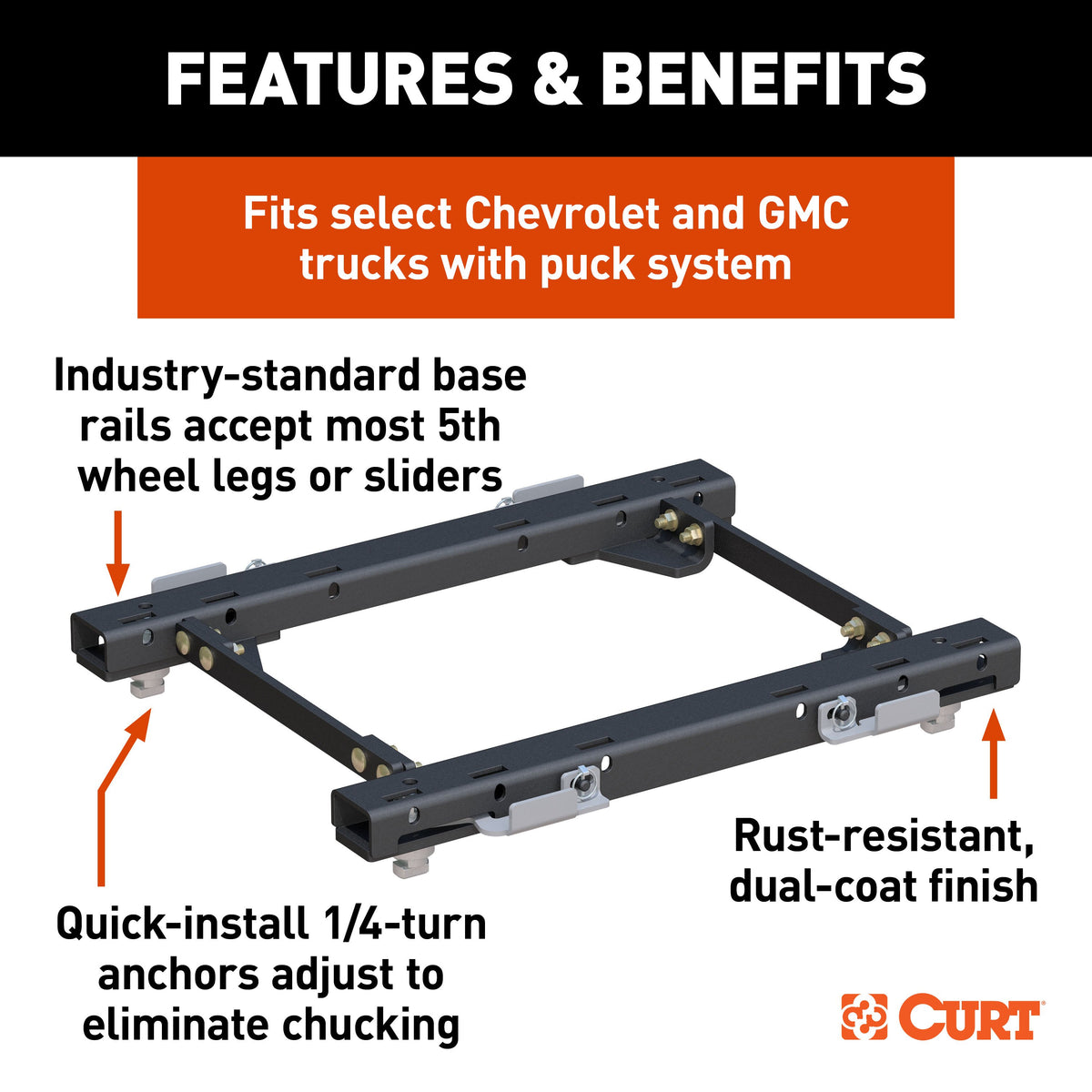 CURT 16050 Puck System 5th Wheel Rails, 30,000 lbs, Fits Select Chevrolet Silverado, GMC Sierra 2500, 3500 HD