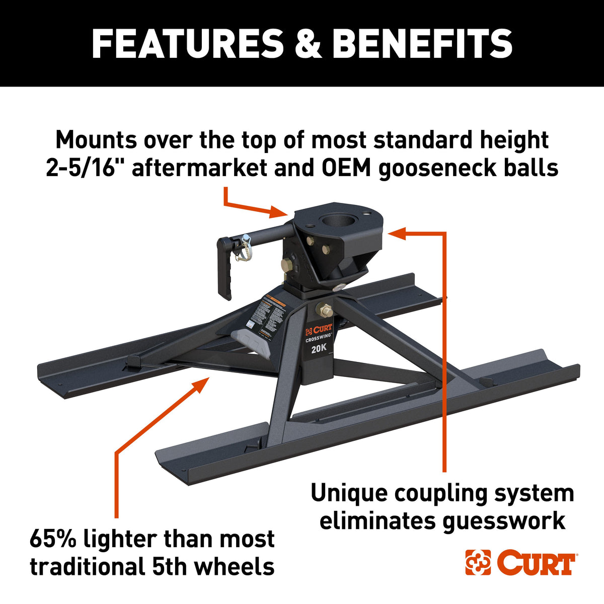 CURT 16051 CrossWing Lightweight 5th Wheel Hitch with 2-5/16" Gooseneck Adapter and Bed Supports, 20,000 lbs