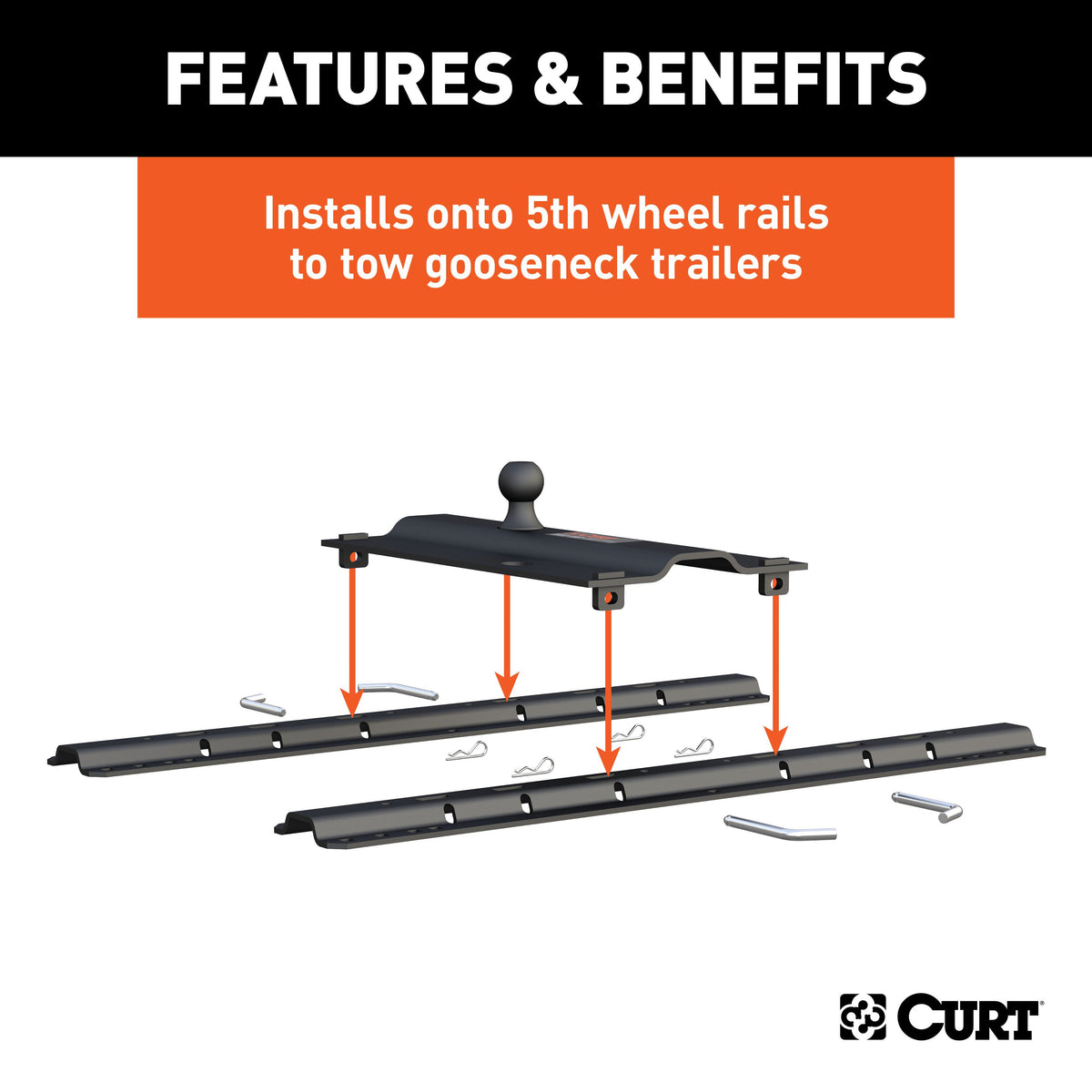 CURT 16055 Bent Plate 5th Wheel to Gooseneck Adapter Hitch, Fits Industry-Standard Rails, 25,000 lbs, 2-5/16-Inch Ball