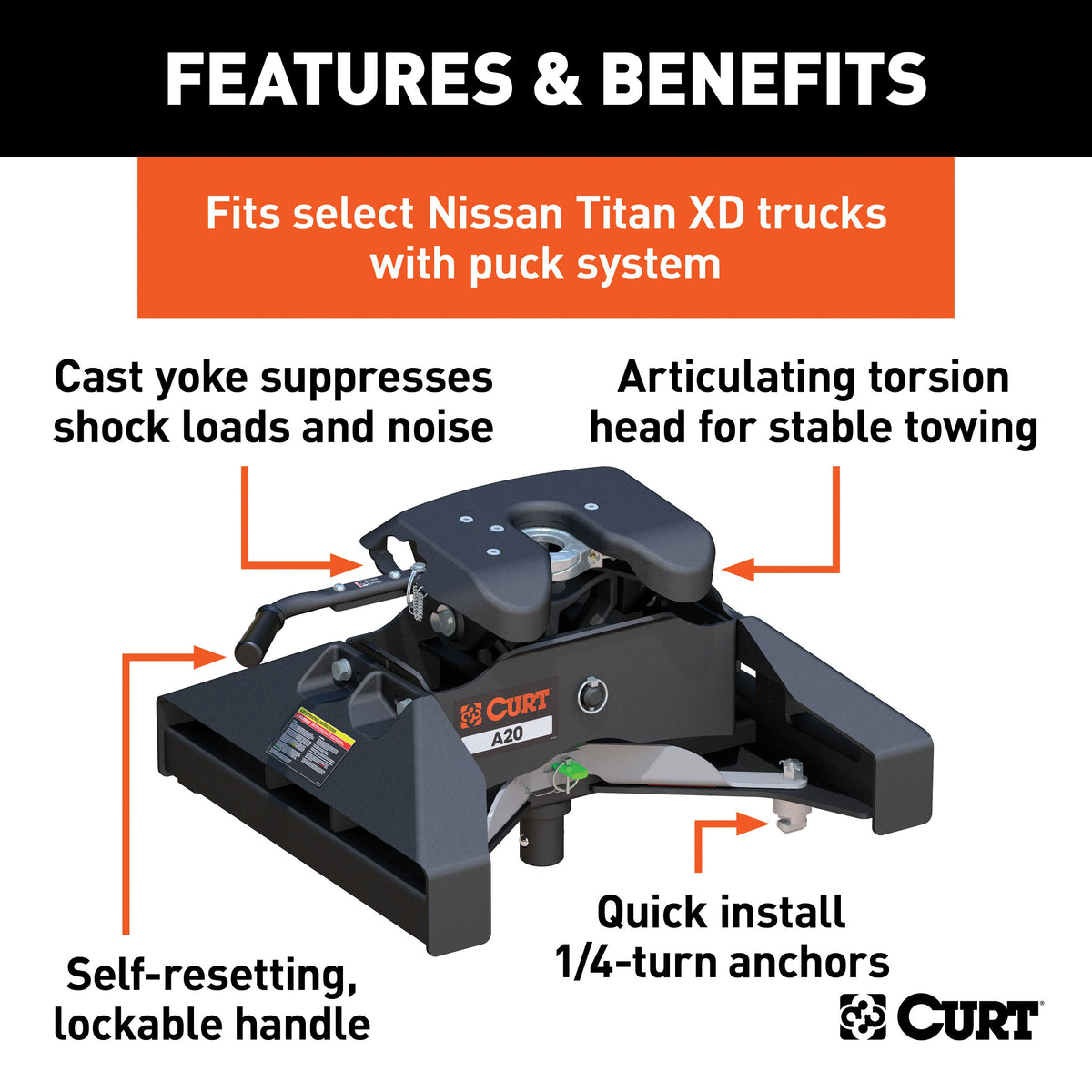 CURT 16074 A20 5th Wheel Hitch, 20,000 lbs, Select Nissan Titan XD, 8-Foot Bed Puck System