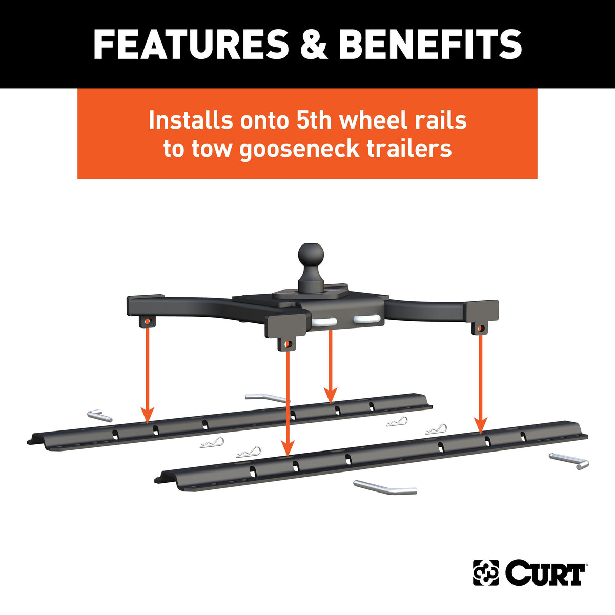 CURT 16085 Spyder 5th Wheel to Gooseneck Adapter Hitch, Fits Industry-Standard Rails, 25,000 lbs, 2-5/16-Inch Ball