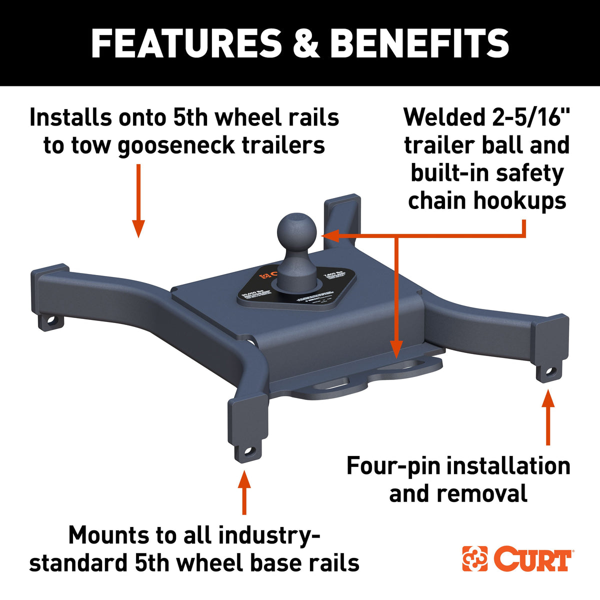 CURT 16090 Spyder 5th Wheel to Gooseneck Adapter Hitch, Fits Industry-Standard Rails, 30,000 lbs, 2-5/16-Inch Ball
