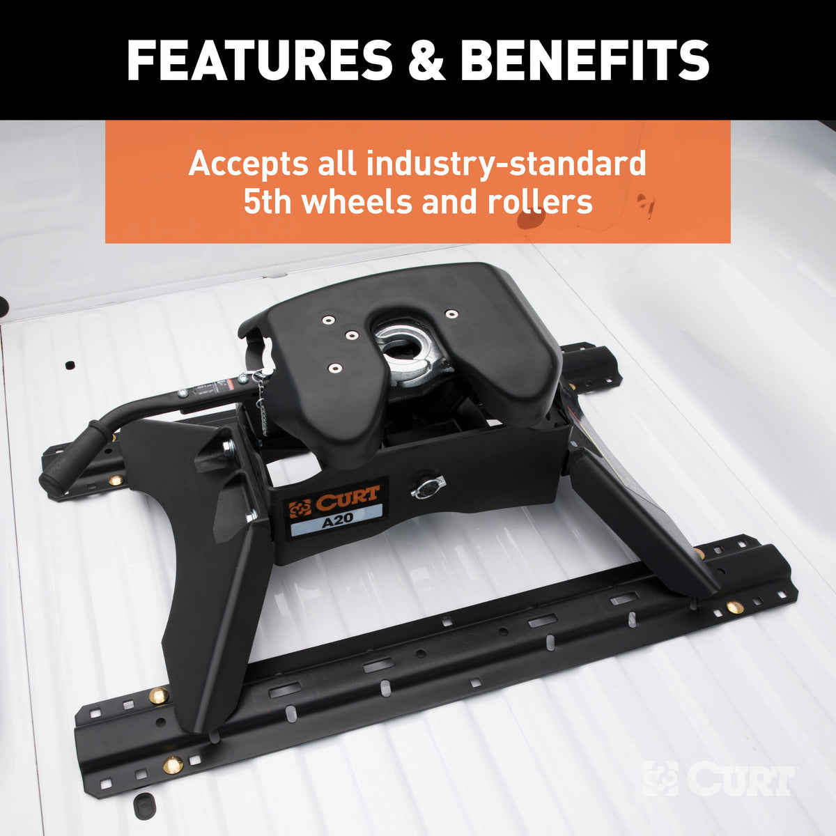 CURT 16150 Industry-Standard 5th Wheel Hitch Rails and 4-Bolt Brackets, Gloss Black, 25,000 Pounds