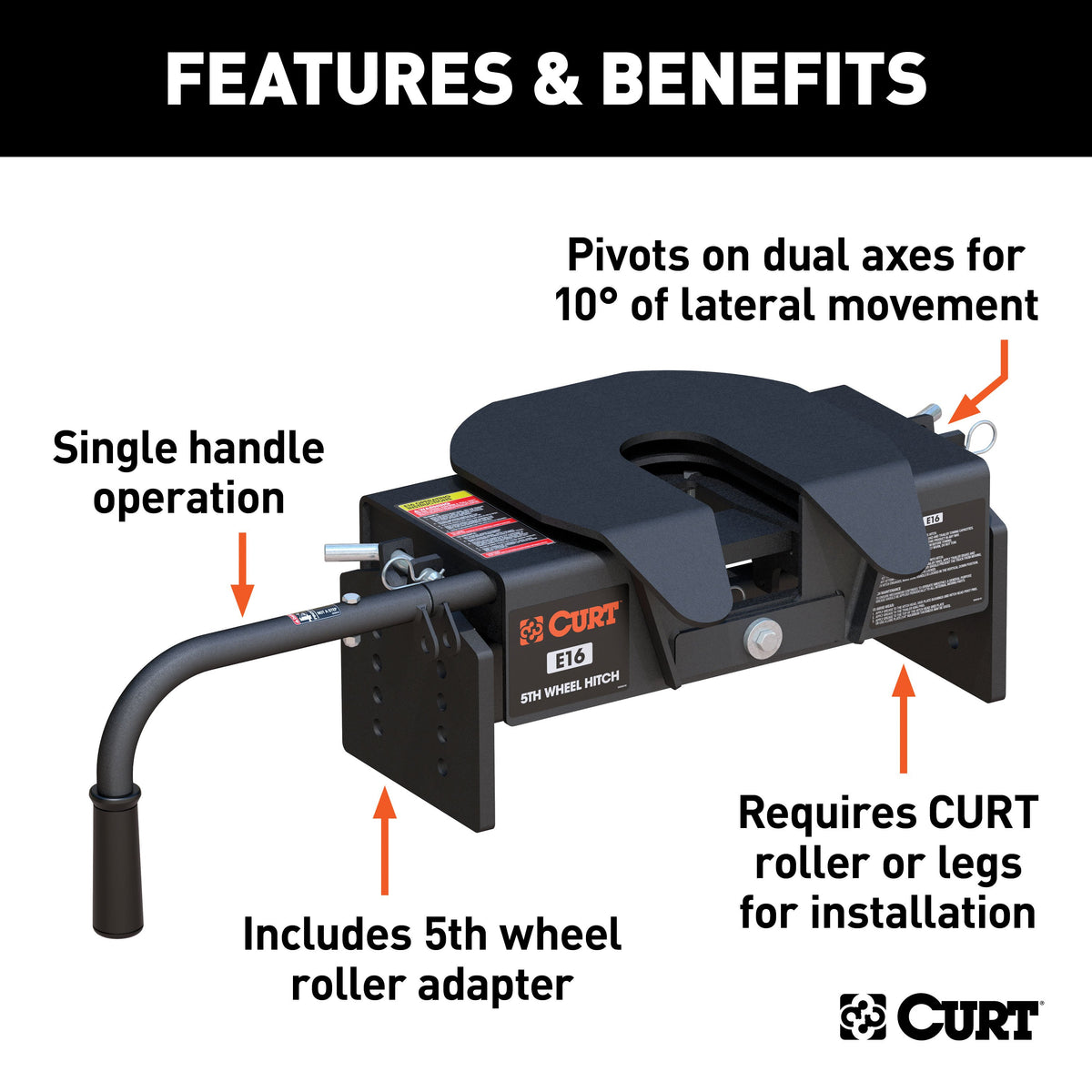 CURT 16515 E16 5th Wheel Hitch Head Only, Legs or Roller Required, 16,000 lbs