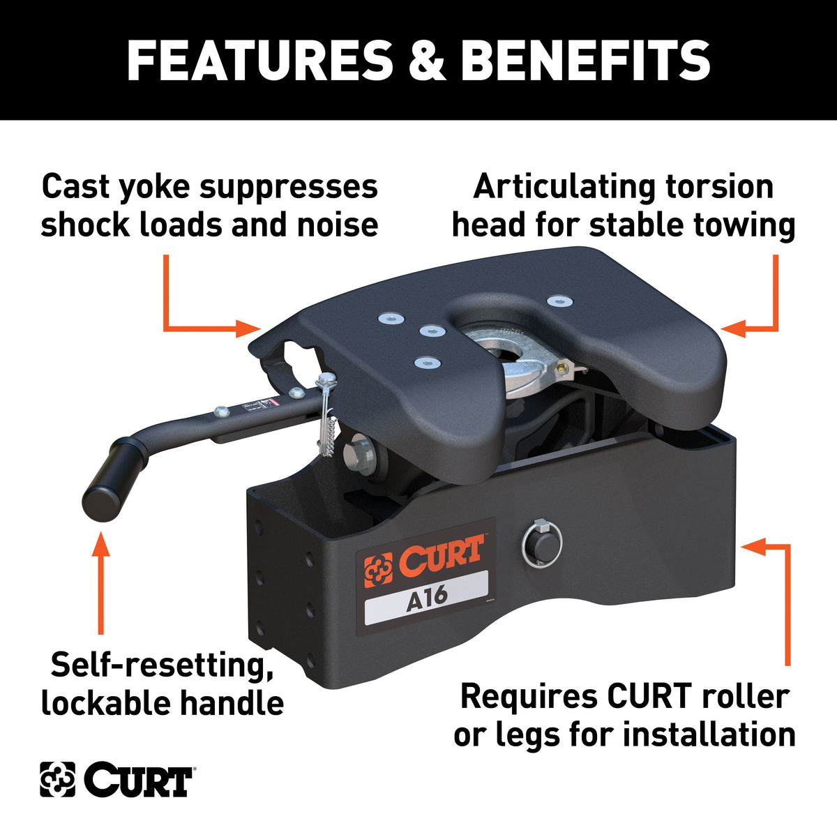 CURT 16520 A16 5th Wheel Hitch Head Only, Legs or Roller Required, 16,000 lbs