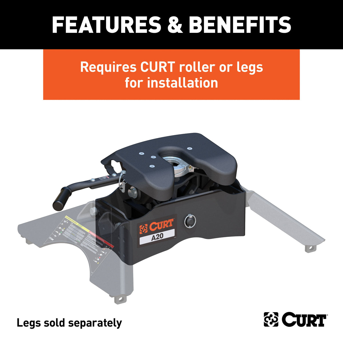 CURT 16540 A20 5th Wheel Hitch Head Only, Legs or Roller Required, 20,000 lbs