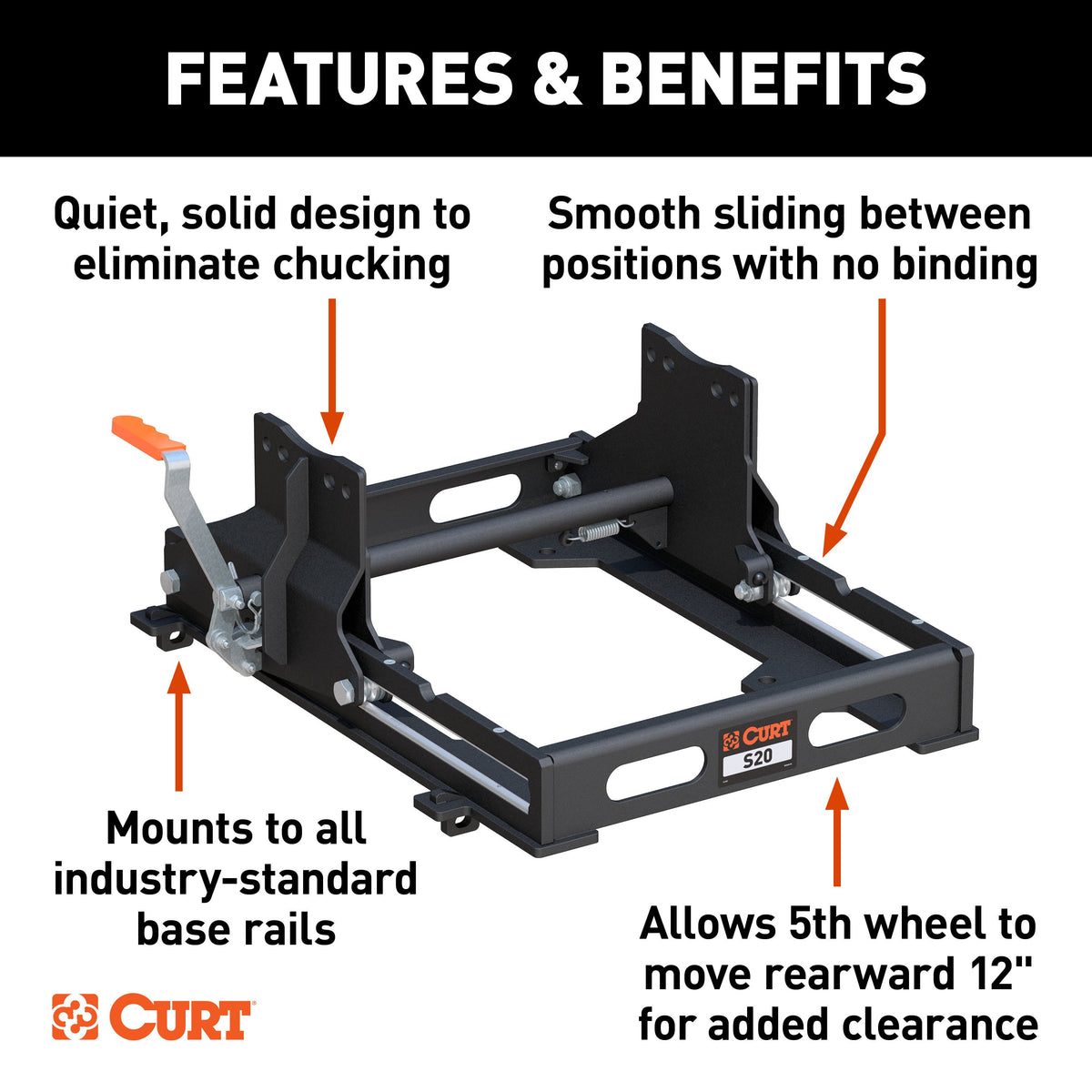 CURT 16564 S20 Sliding 5th Wheel Hitch for Short Bed Trucks, 20,000 lbs (Head Required)