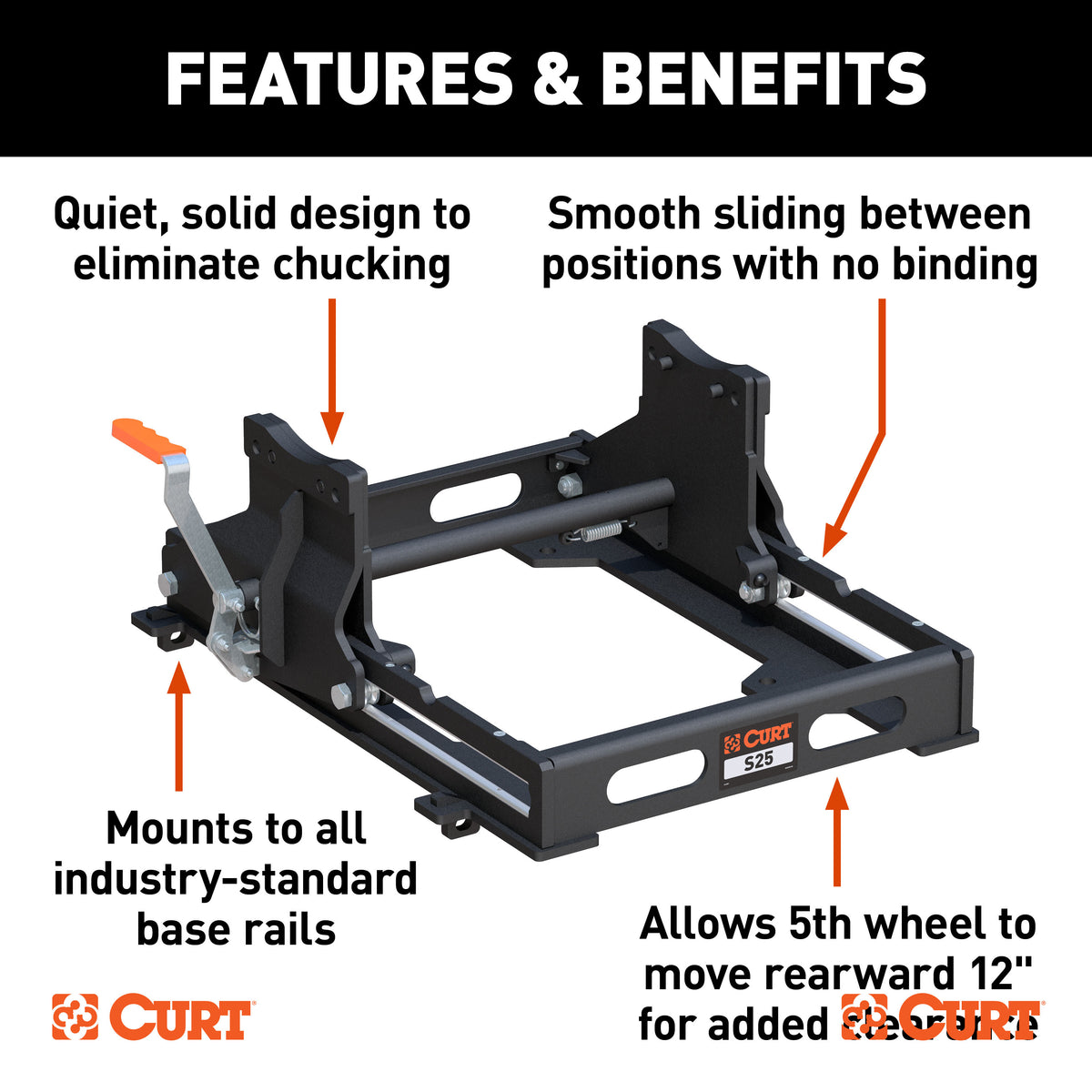 CURT 16574 S25 Sliding 5th Wheel Hitch for Short Bed Trucks, 25,000 lbs (Head Required)