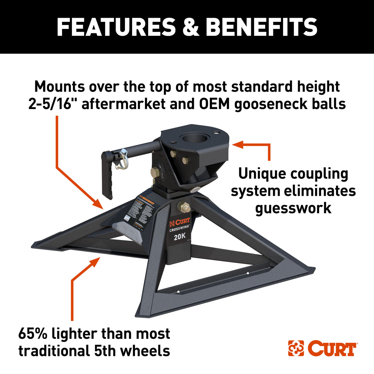 CURT 16602 CrossWing Lightweight 5th Wheel Hitch with 2-5/16" Gooseneck Adapter, 20,000 lbs