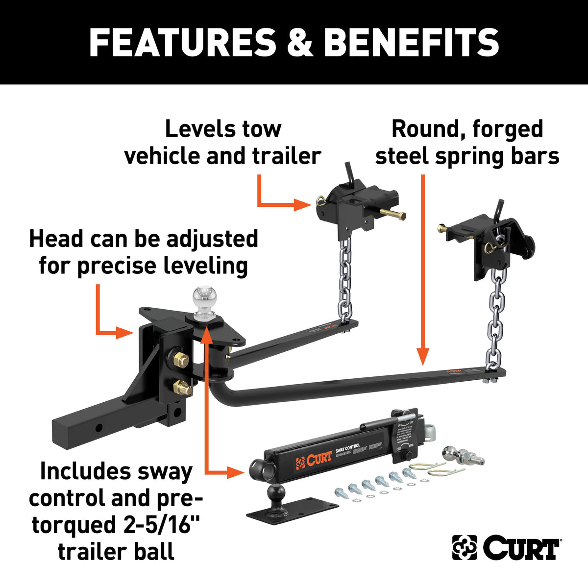 CURT 17062 Round Bar Weight Distribution Hitch with Integrated Lubrication and Sway Control, Up to 10K, 2-In Shank, 2-5/16-Inch Ball