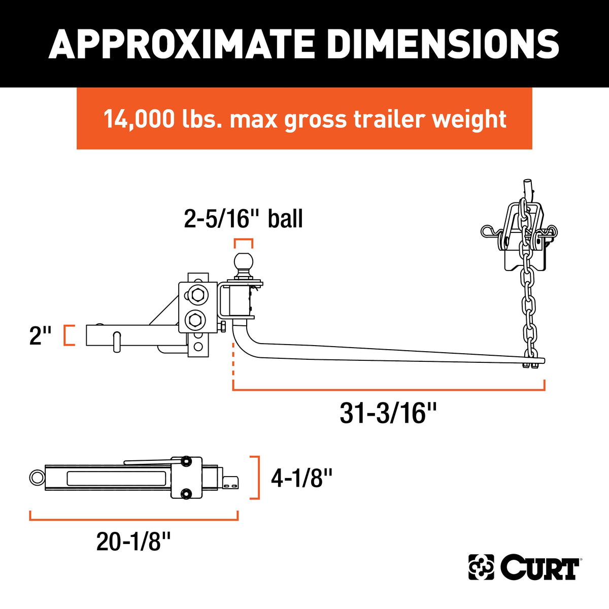 CURT 17063 Round Bar Weight Distribution Hitch with Integrated Lubrication and Sway Control, Up to 14K, 2-In Shank, 2-5/16-Inch Ball