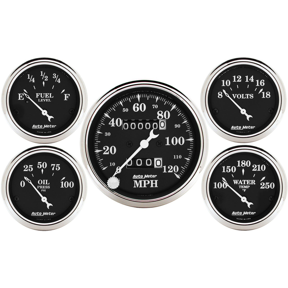 Auto Meter Gauge Kit 5 pc. 3 1/8in & 2 1/16in Mechanical Speedometer Old Tyme Black - 1708