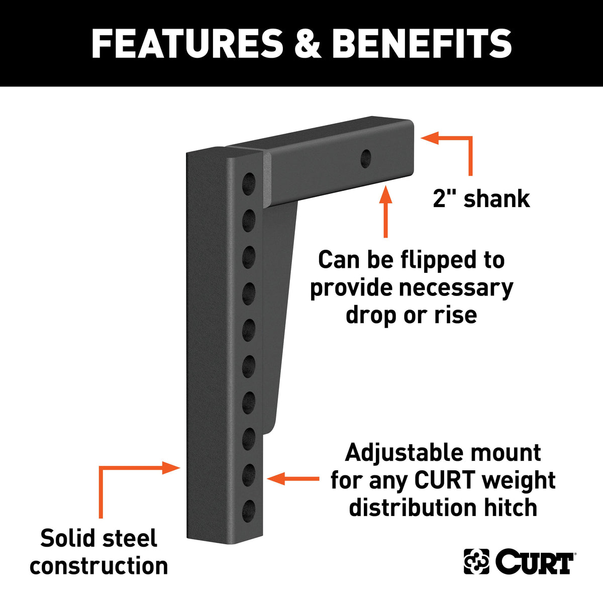 CURT 17123 Replacement Weight Distribution Hitch Shank, 2-Inch Receiver, 7-Inch Drop, 10-1/2-Inch Rise