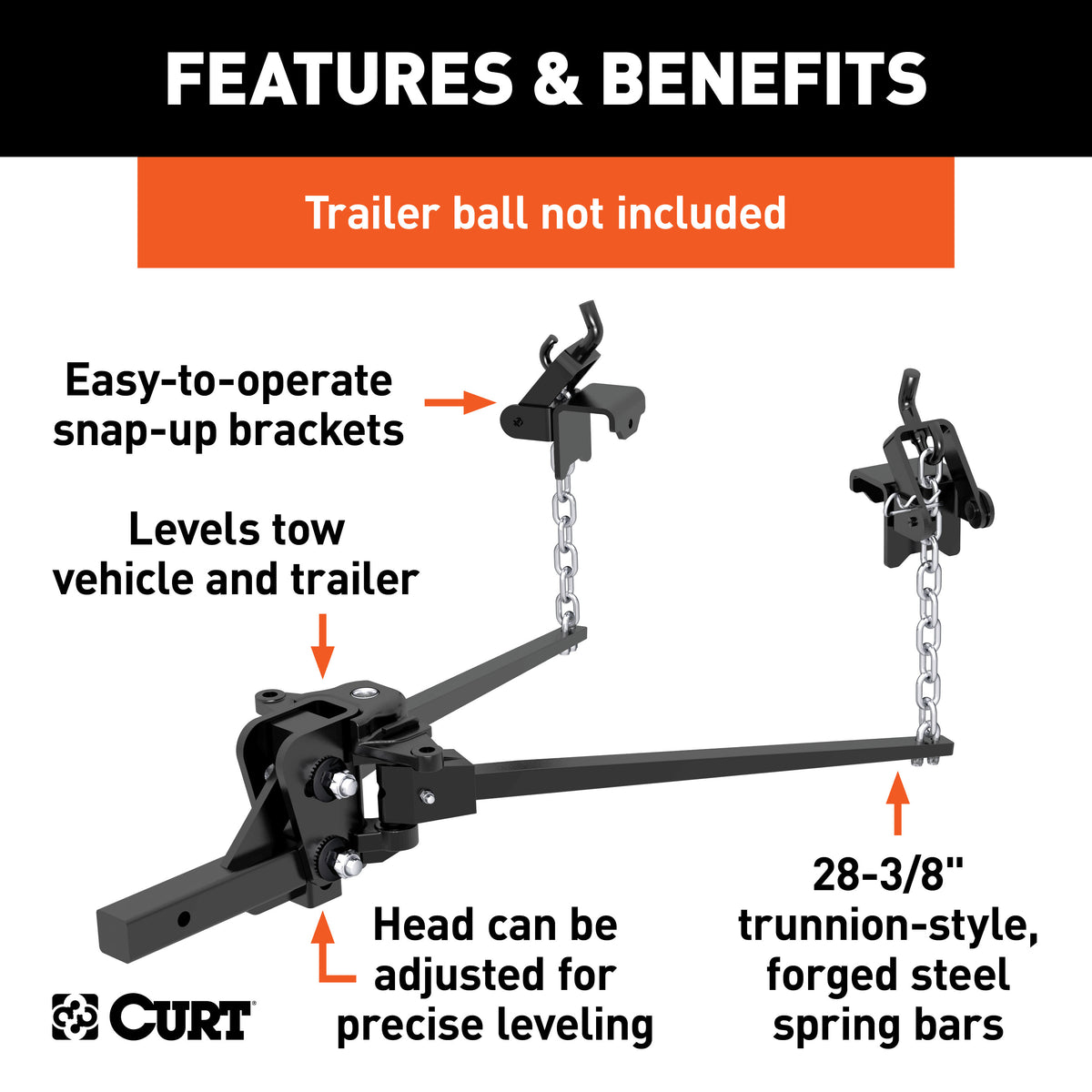 CURT 17332 Short Trunnion Bar Weight Distribution Hitch, Up to 10K, 2-Inch Shank