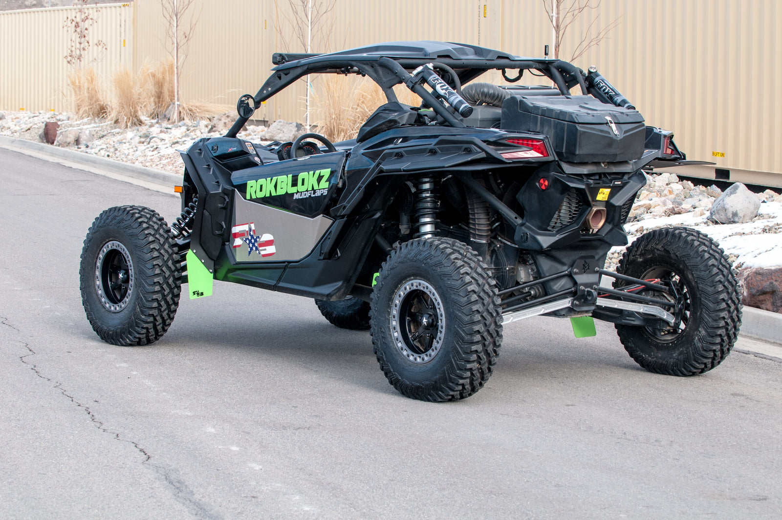RokBlokz fender extensions installed on a 2017+ Can-Am Maverick X3 with BRP fenders, providing protection from mud and debris