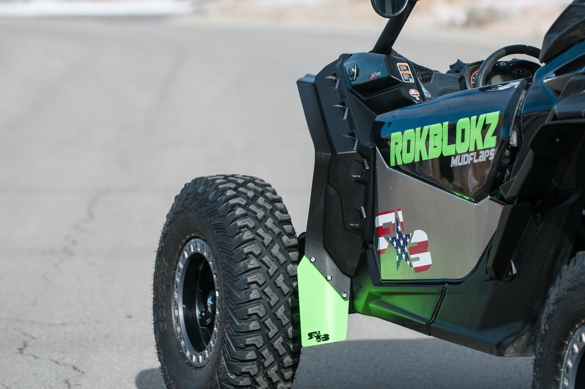 RokBlokz FRONT fender extensions installed on a 2017+ Can-Am Maverick X3 with BRP fenders, providing protection from mud and debris