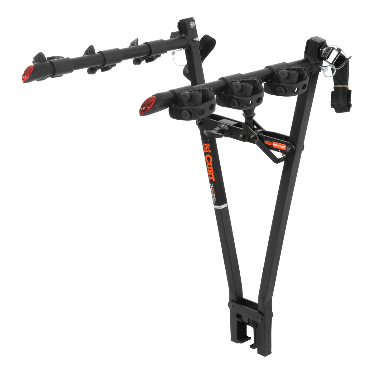 CURT 18013 Clamp On Hitch Bike Rack Mount for 3 Bikes, Fits 2 x 2 Ball Mount Shank, 135 lb Capacity, Support Strap Required, Ball Mount Not Included, Powder Coated Steel, Reflectors