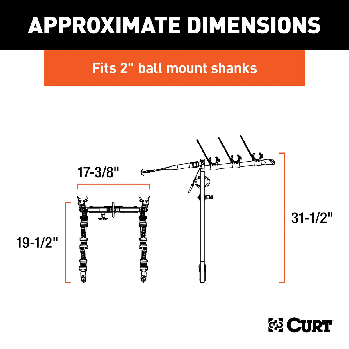 CURT 18013 Clamp On Hitch Bike Rack Mount for 3 Bikes, Fits 2 x 2 Ball Mount Shank, 135 lb Capacity, Support Strap Required, Ball Mount Not Included, Powder Coated Steel, Reflectors