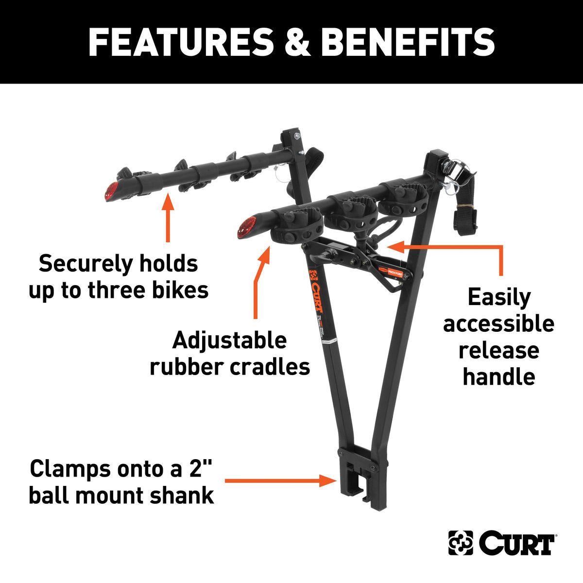CURT 18013 Clamp On Hitch Bike Rack Mount for 3 Bikes, Fits 2 x 2 Ball Mount Shank, 135 lb Capacity, Support Strap Required, Ball Mount Not Included, Powder Coated Steel, Reflectors