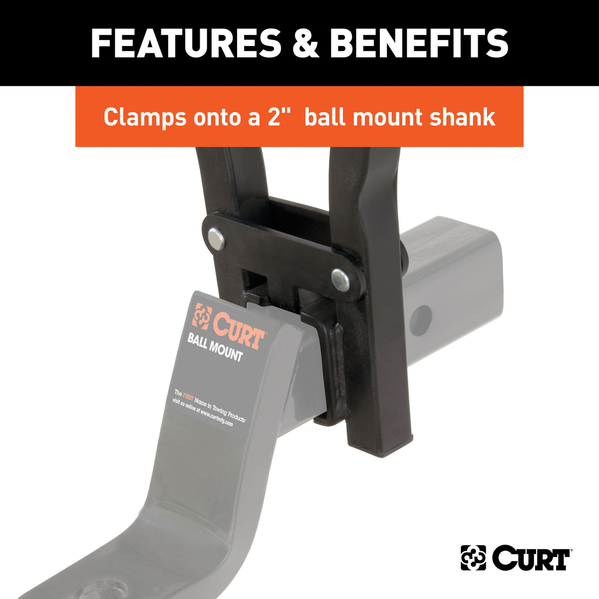 CURT 18013 Clamp On Hitch Bike Rack Mount for 3 Bikes, Fits 2 x 2 Ball Mount Shank, 135 lb Capacity, Support Strap Required, Ball Mount Not Included, Powder Coated Steel, Reflectors