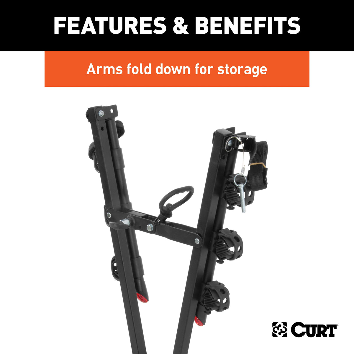 CURT 18013 Clamp On Hitch Bike Rack Mount for 3 Bikes, Fits 2 x 2 Ball Mount Shank, 135 lb Capacity, Support Strap Required, Ball Mount Not Included, Powder Coated Steel, Reflectors
