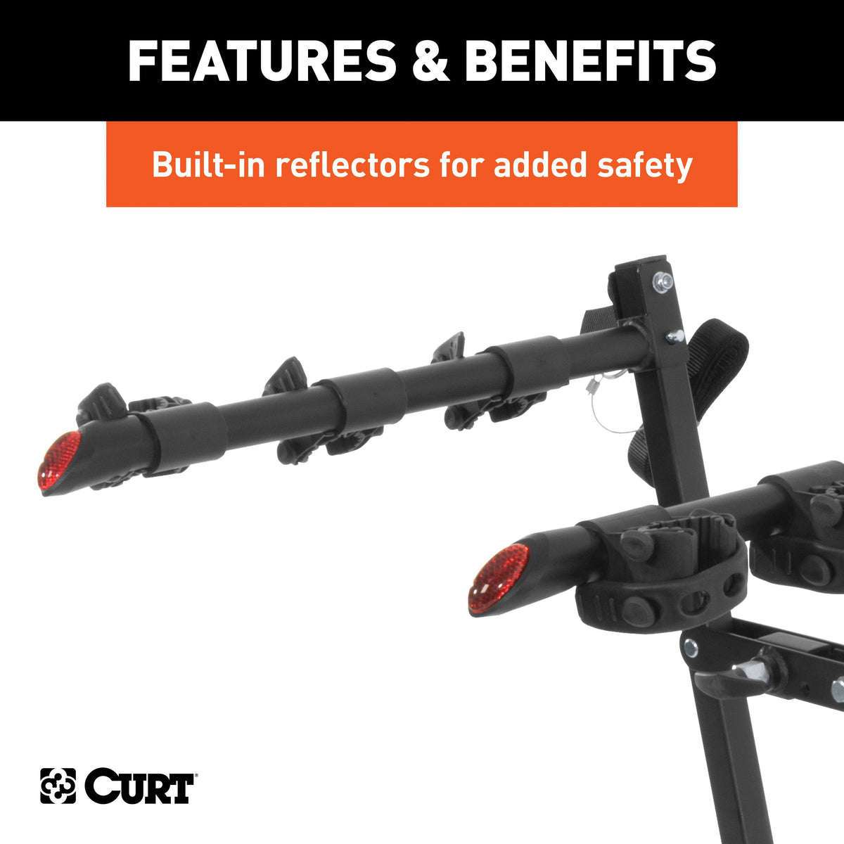 CURT 18013 Clamp On Hitch Bike Rack Mount for 3 Bikes, Fits 2 x 2 Ball Mount Shank, 135 lb Capacity, Support Strap Required, Ball Mount Not Included, Powder Coated Steel, Reflectors
