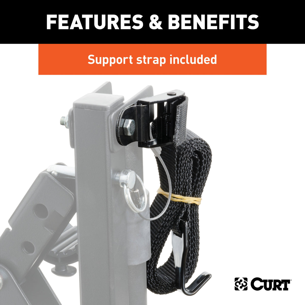 CURT 18013 Clamp On Hitch Bike Rack Mount for 3 Bikes, Fits 2 x 2 Ball Mount Shank, 135 lb Capacity, Support Strap Required, Ball Mount Not Included, Powder Coated Steel, Reflectors