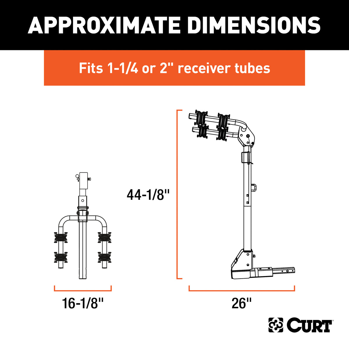 CURT 18021 Trailer Hitch Bike Rack Mount, Fits 1-1/4, 2-Inch Receiver, 2 Bicycles