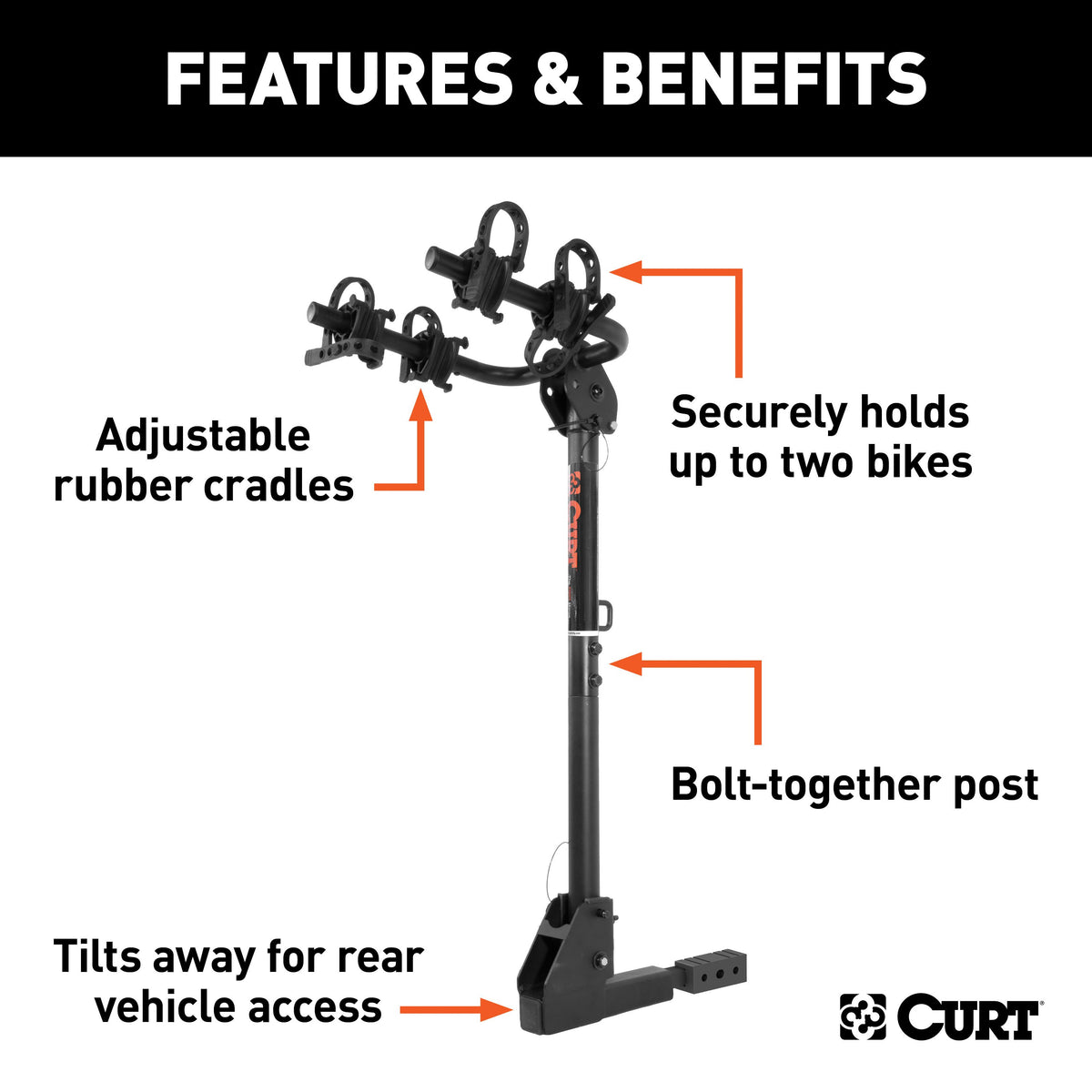 CURT 18021 Trailer Hitch Bike Rack Mount, Fits 1-1/4, 2-Inch Receiver, 2 Bicycles