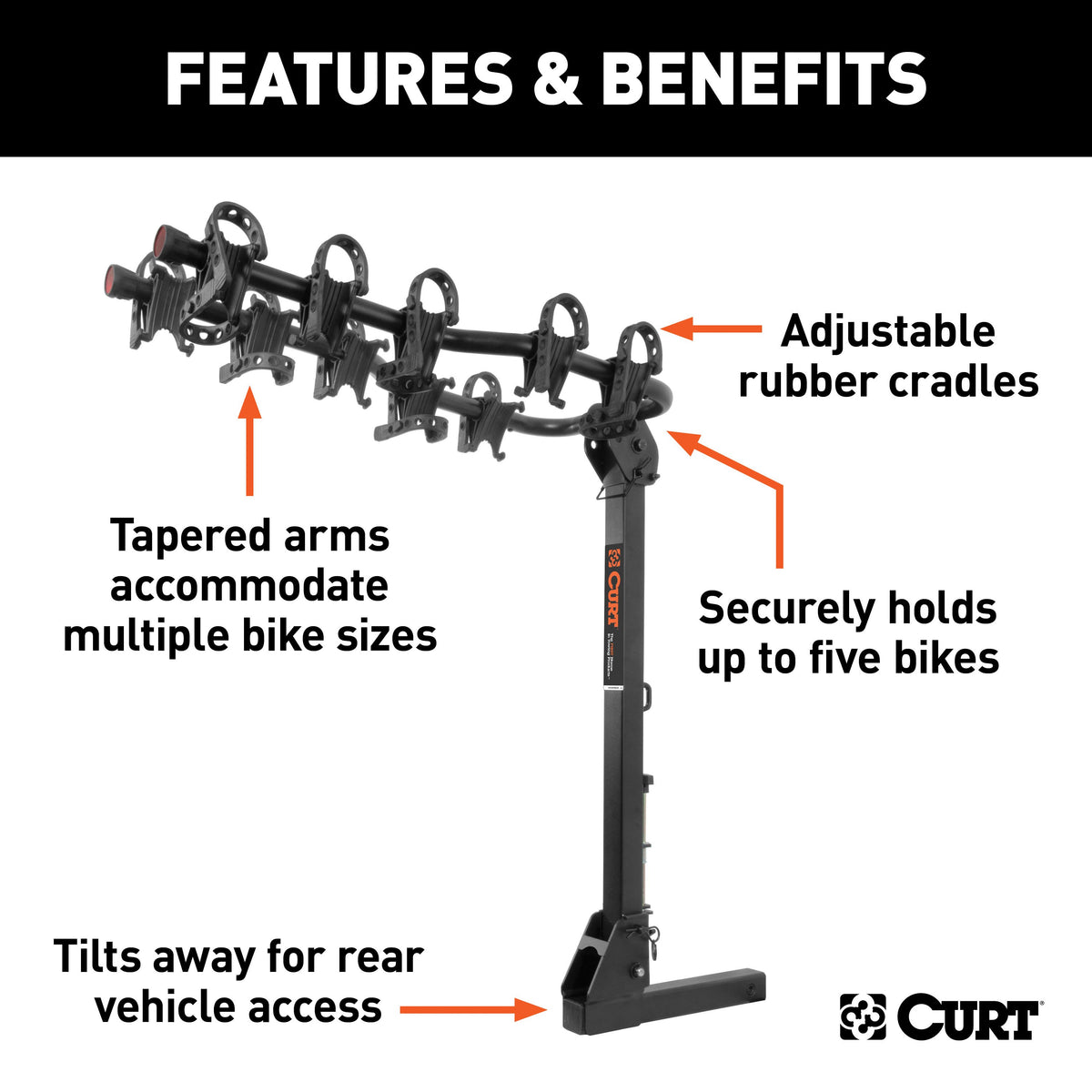 CURT 18065 Premium Trailer Hitch Bike Rack Mount, Fits 2-Inch Receiver, 5 Bicycles