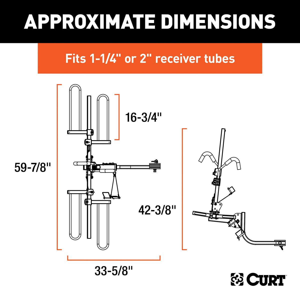 CURT 18085 Secure Locking Tray-Style Trailer Hitch Bike Rack Mount, 2 Bikes, Fits 1-1/4, 2-Inch Receiver