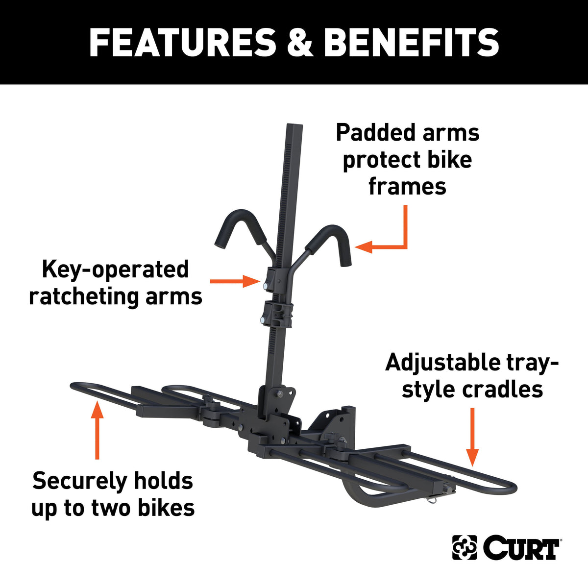 CURT 18085 Secure Locking Tray-Style Trailer Hitch Bike Rack Mount, 2 Bikes, Fits 1-1/4, 2-Inch Receiver