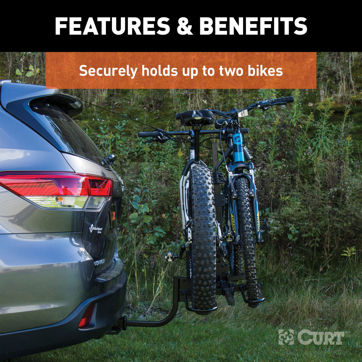 CURT 18085 Secure Locking Tray-Style Trailer Hitch Bike Rack Mount, 2 Bikes, Fits 1-1/4, 2-Inch Receiver