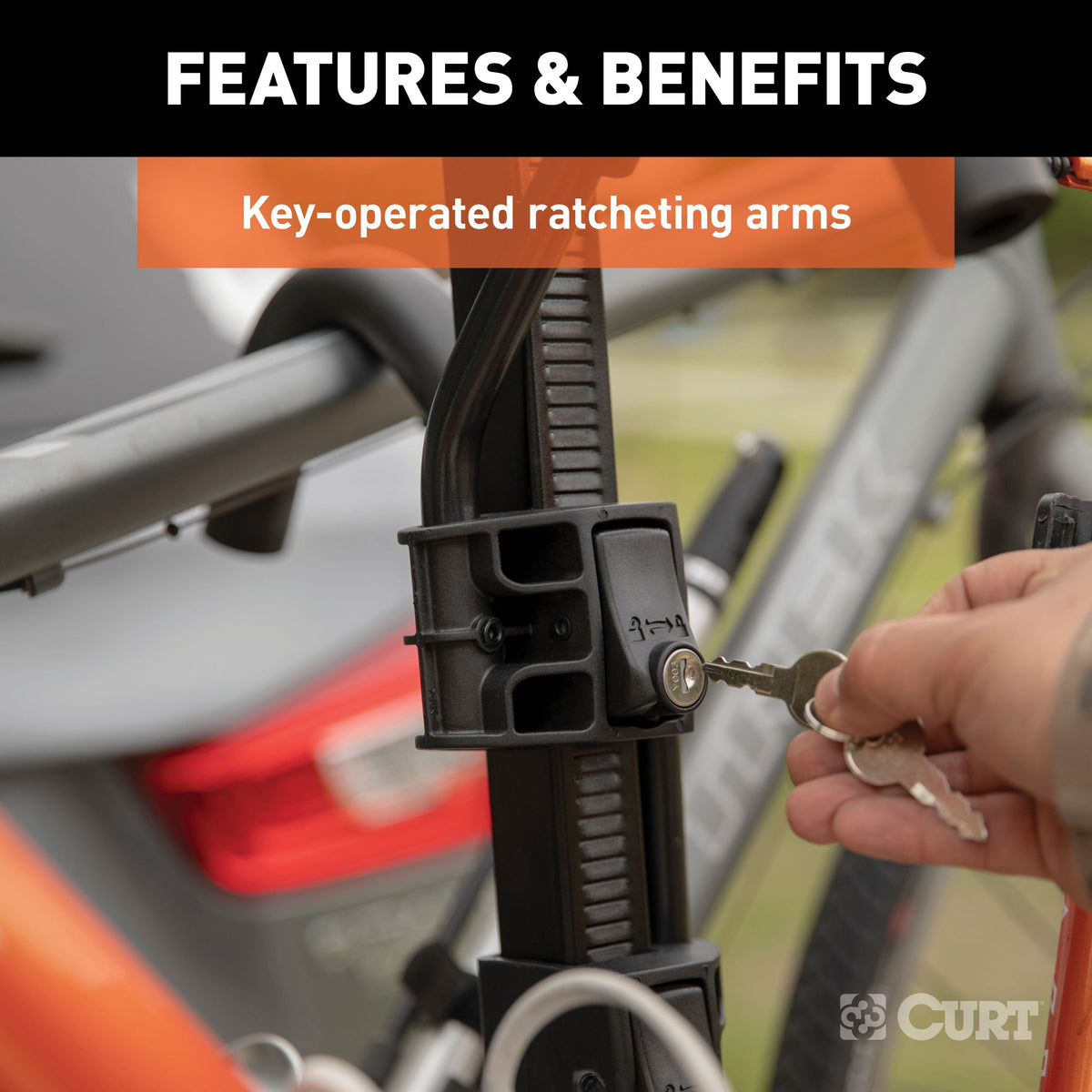 CURT 18085 Secure Locking Tray-Style Trailer Hitch Bike Rack Mount, 2 Bikes, Fits 1-1/4, 2-Inch Receiver