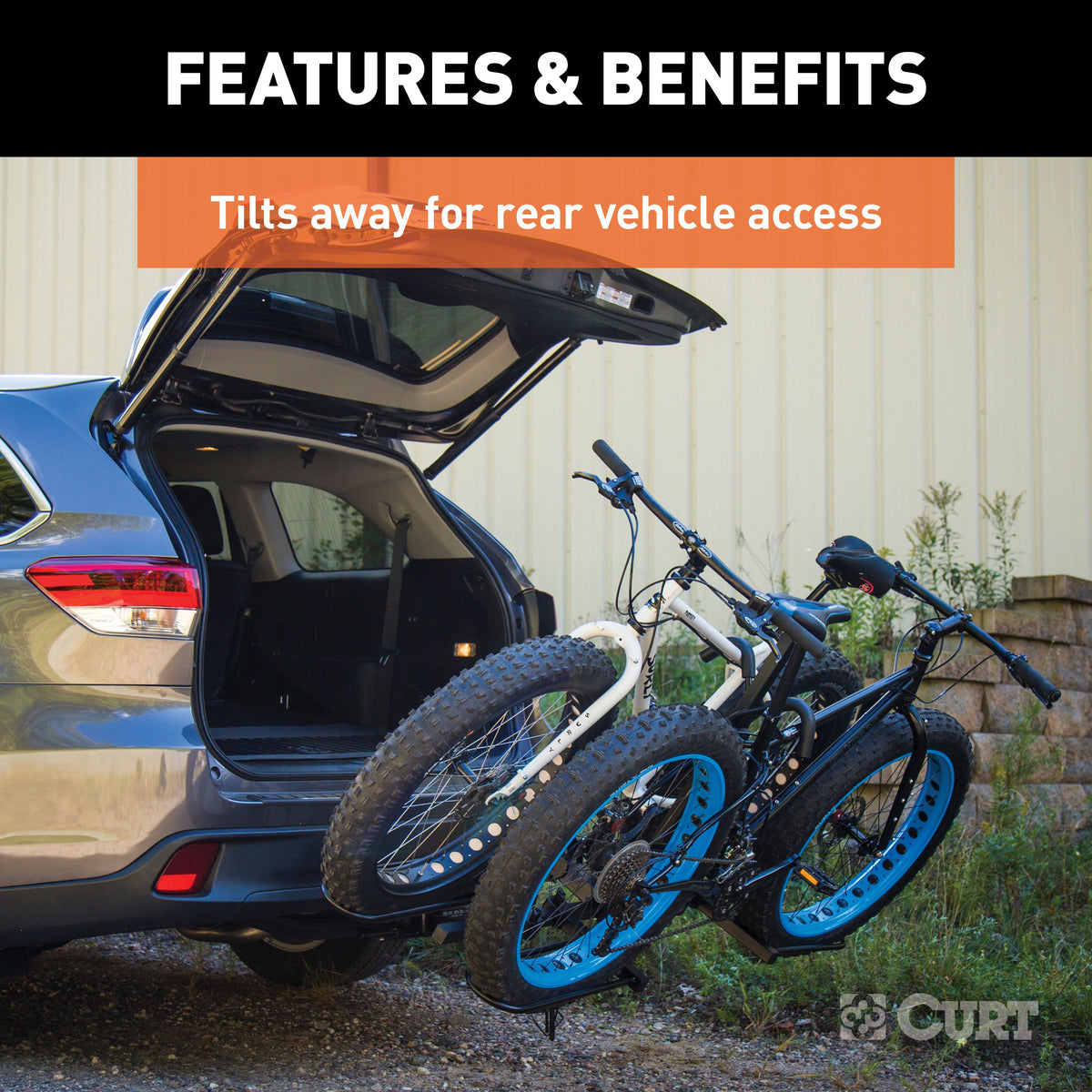 CURT 18085 Secure Locking Tray-Style Trailer Hitch Bike Rack Mount, 2 Bikes, Fits 1-1/4, 2-Inch Receiver