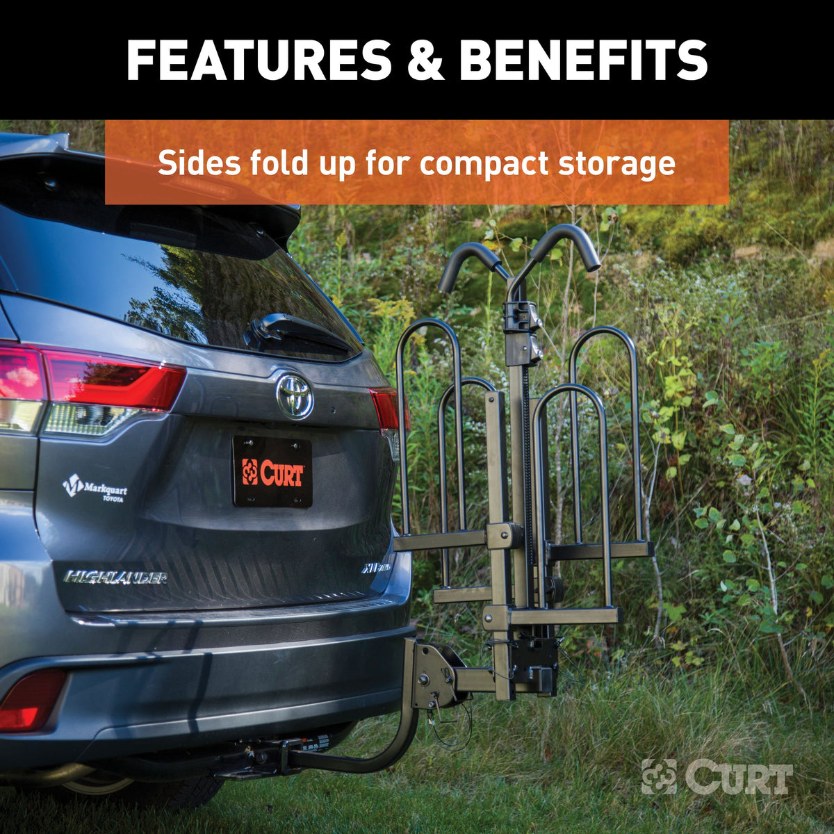CURT 18085 Secure Locking Tray-Style Trailer Hitch Bike Rack Mount, 2 Bikes, Fits 1-1/4, 2-Inch Receiver