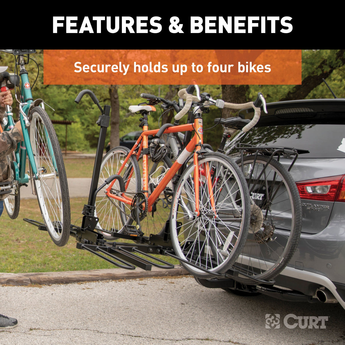 CURT 18087 Secure Locking Tray-Style Trailer Hitch Bike Rack Mount, Fits 2-Inch Receiver, 4 Bicycles