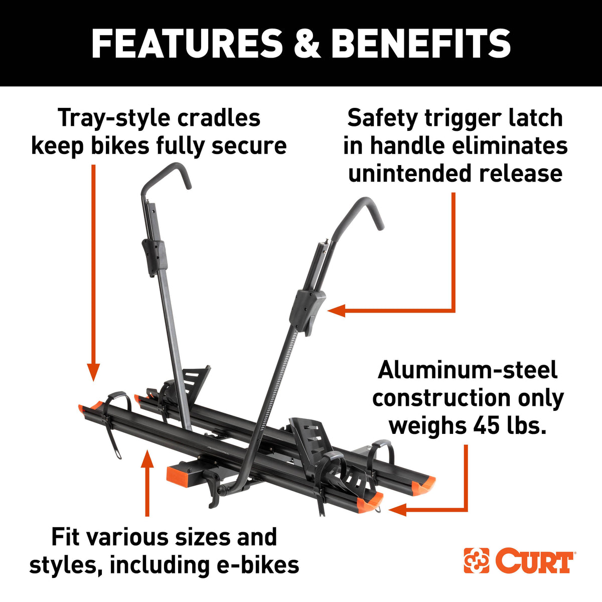 CURT 18088 Aluminum Tray-Style Platform Bike Rack Hitch Mount, Fits 2-Inch Receiver, 2 Bicycles