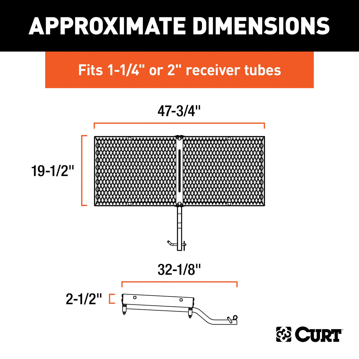 CURT 18110 48 x 20-Inch Tray Hitch Cargo Carrier, 300 lbs Capacity, 1-1/4, 2-In Adapter Shank