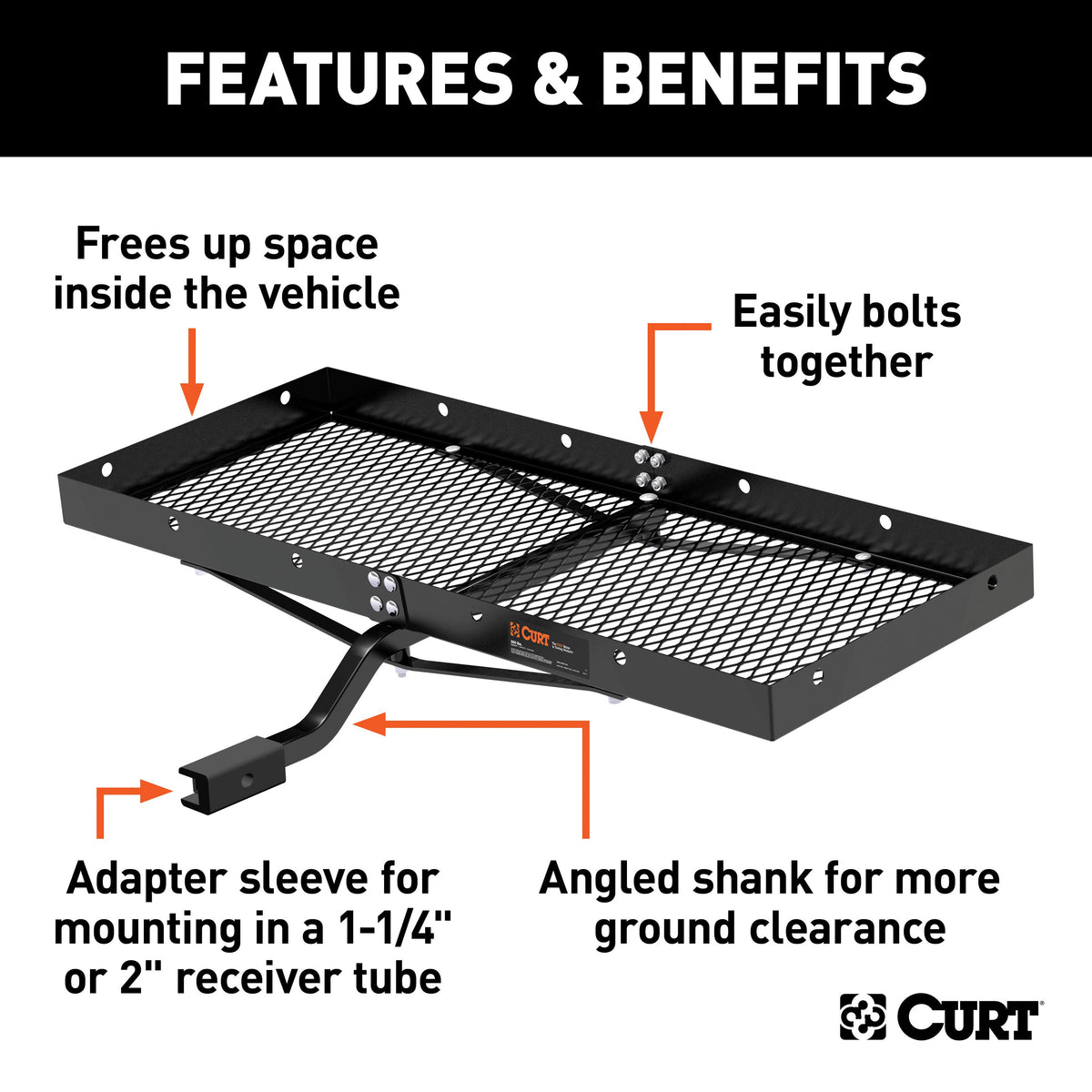 CURT 18110 48 x 20-Inch Tray Hitch Cargo Carrier, 300 lbs Capacity, 1-1/4, 2-In Adapter Shank
