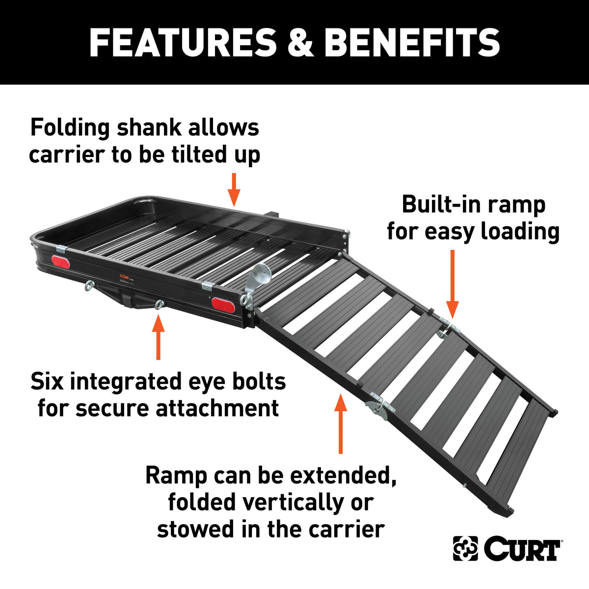 CURT 18112 50 x 30-1/2-Inch Black Aluminum Hitch Cargo Carrier with Ramp, 2-In Folding Shank