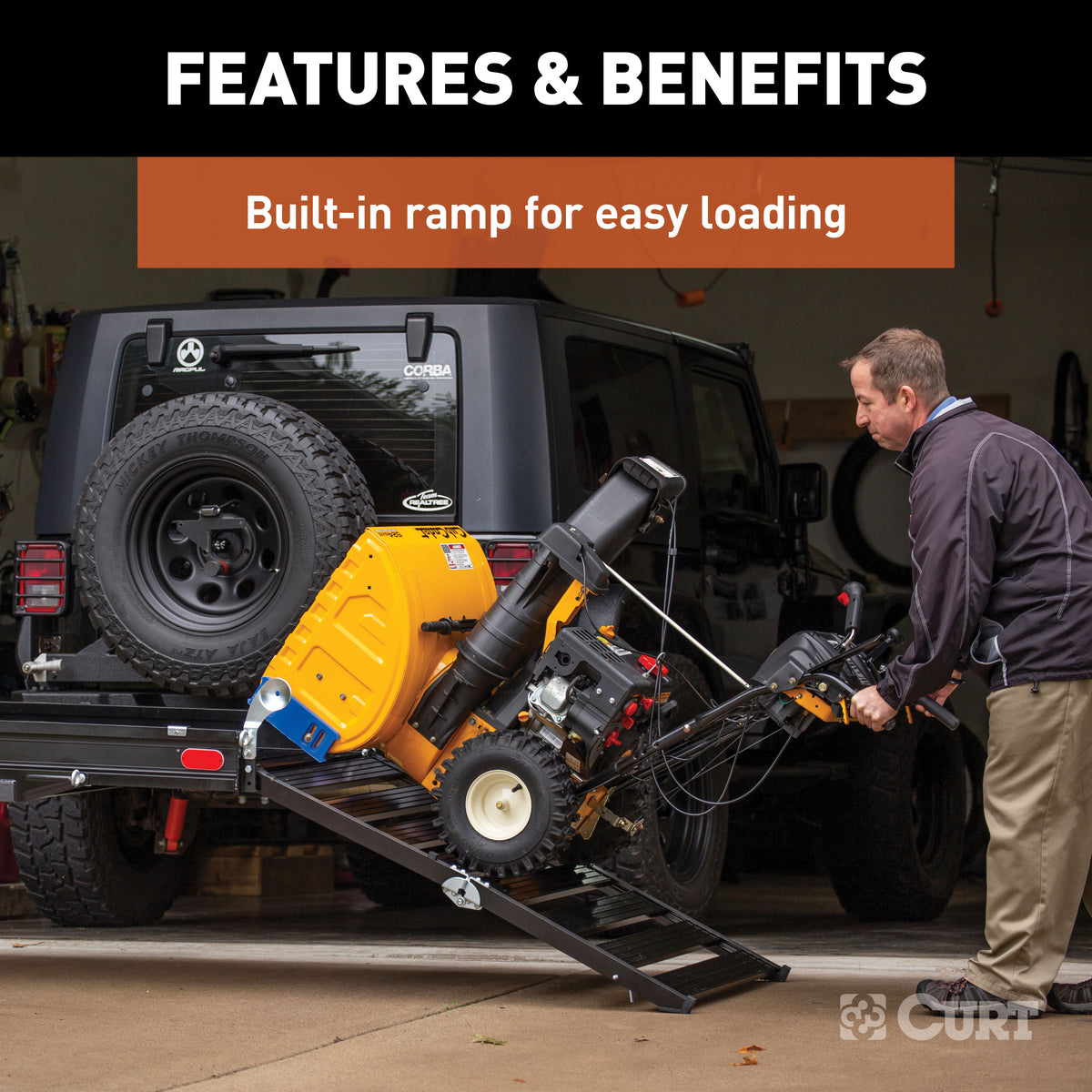 CURT 18112 50 x 30-1/2-Inch Black Aluminum Hitch Cargo Carrier with Ramp, 2-In Folding Shank